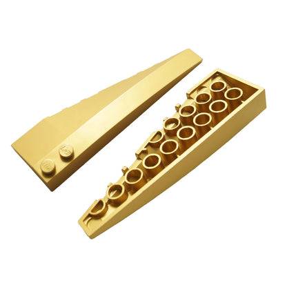 Mettalic gold LEGO Wedge 10 x 3 Left 50955, top and underside views.