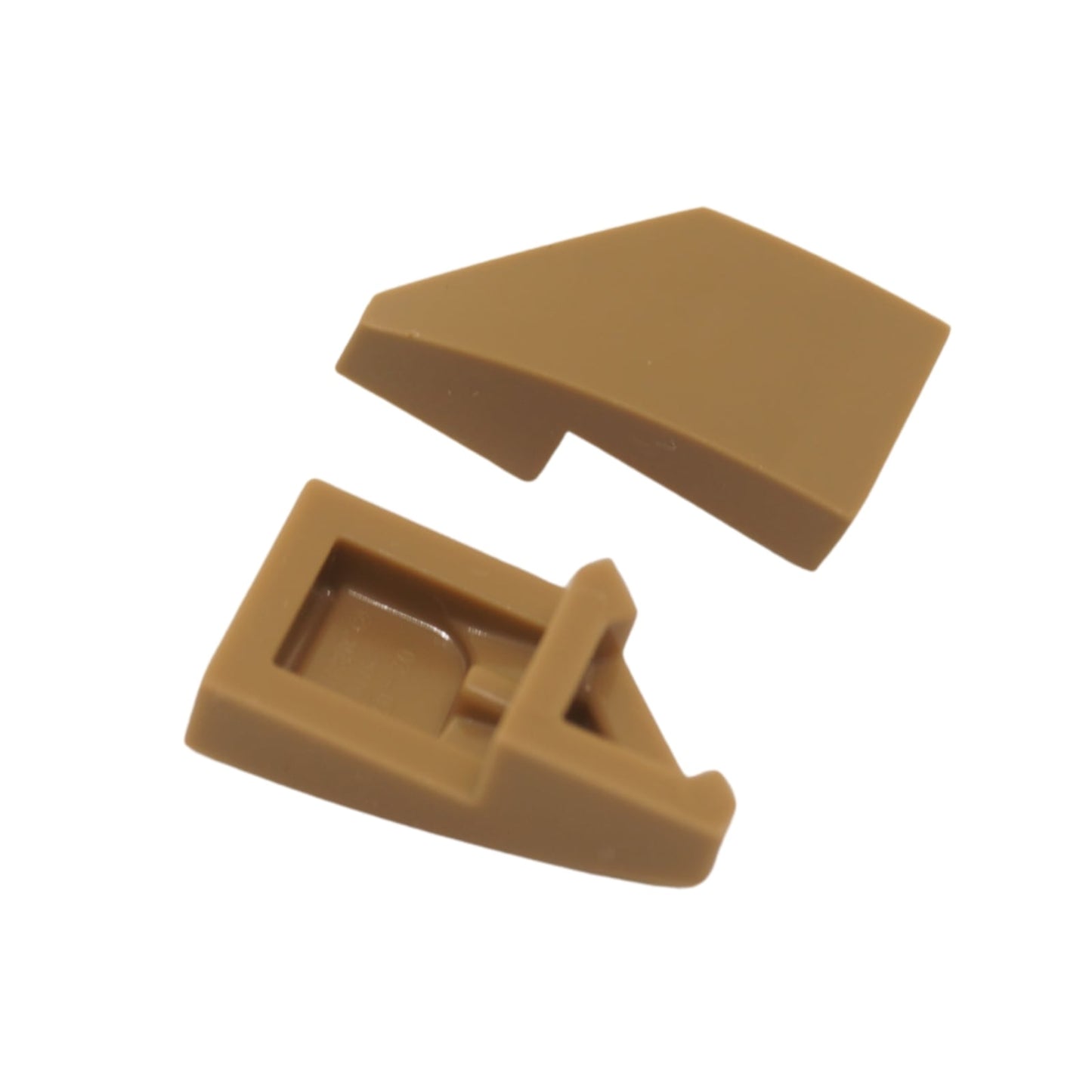 White LEGO® wedge 2 x 1 x 2/3 right, part 29119, angled plate piece for slopes and structural detail in dark tan