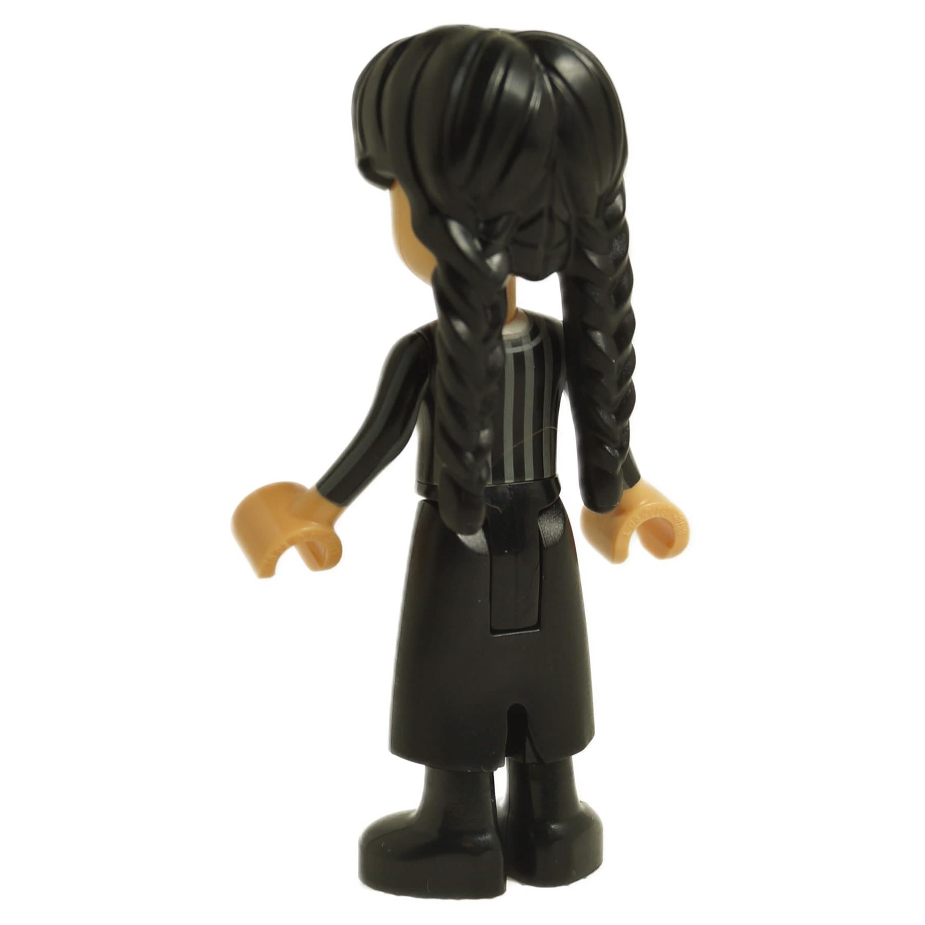 LEGO Wednesday Addams mini doll back view wearing black striped Nevermore school uniform with braided pigtails wed001