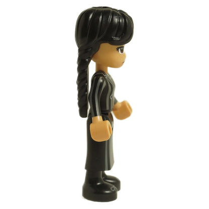 LEGO Wednesday Addams mini doll side view wearing black striped Nevermore school uniform with braided pigtails wed001