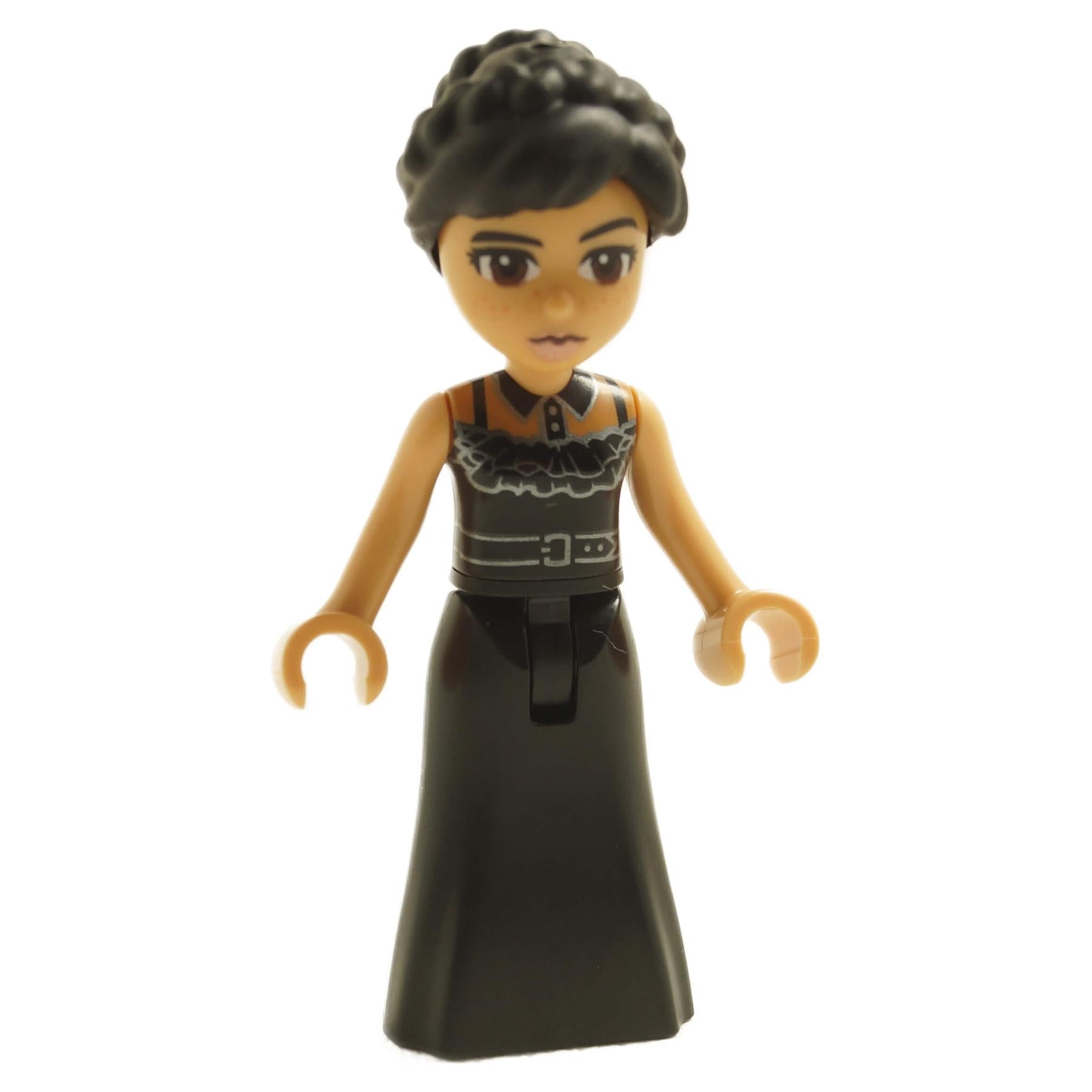 LEGO Wednesday Addams Minidoll (wed004) in her black sleeveless Rave'N dance dress with formal updo hairstyle.