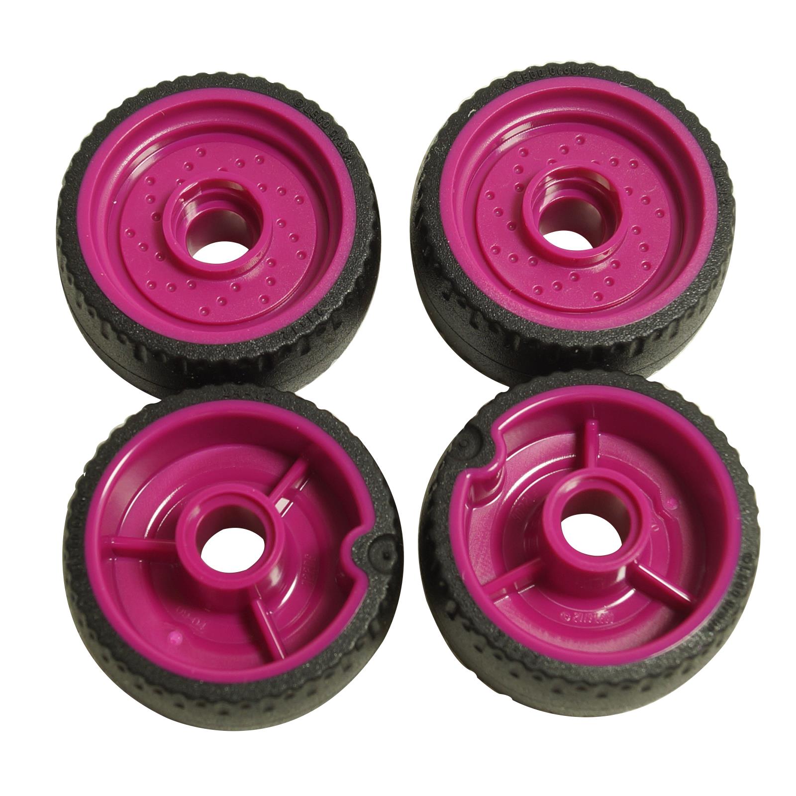 LEGO® Wheel 24 x 12 with Pin Hole 72206pb01 with a magenta wheel hub and molded black hard rubber tire shown from front and rear.