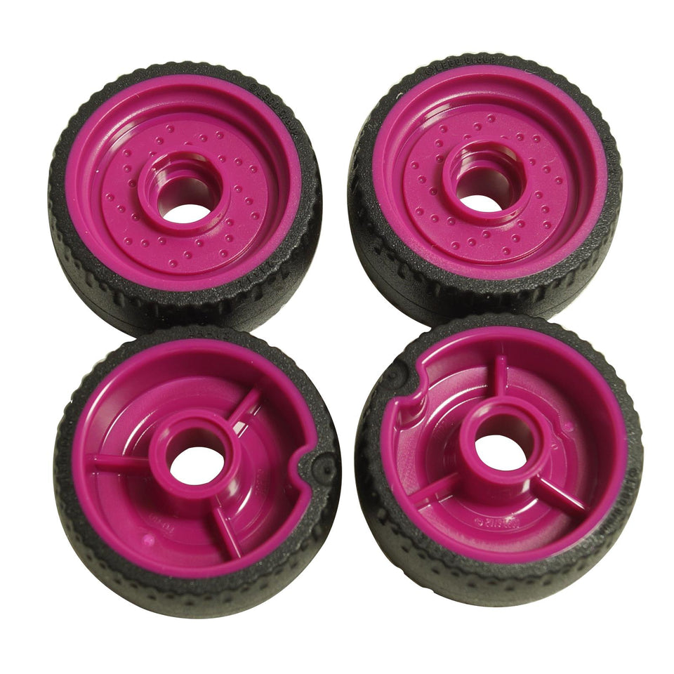 LEGO® Wheel 24 x 12 with Pin Hole 72206pb01 with a magenta wheel hub and molded black hard rubber tire shown from front and rear.