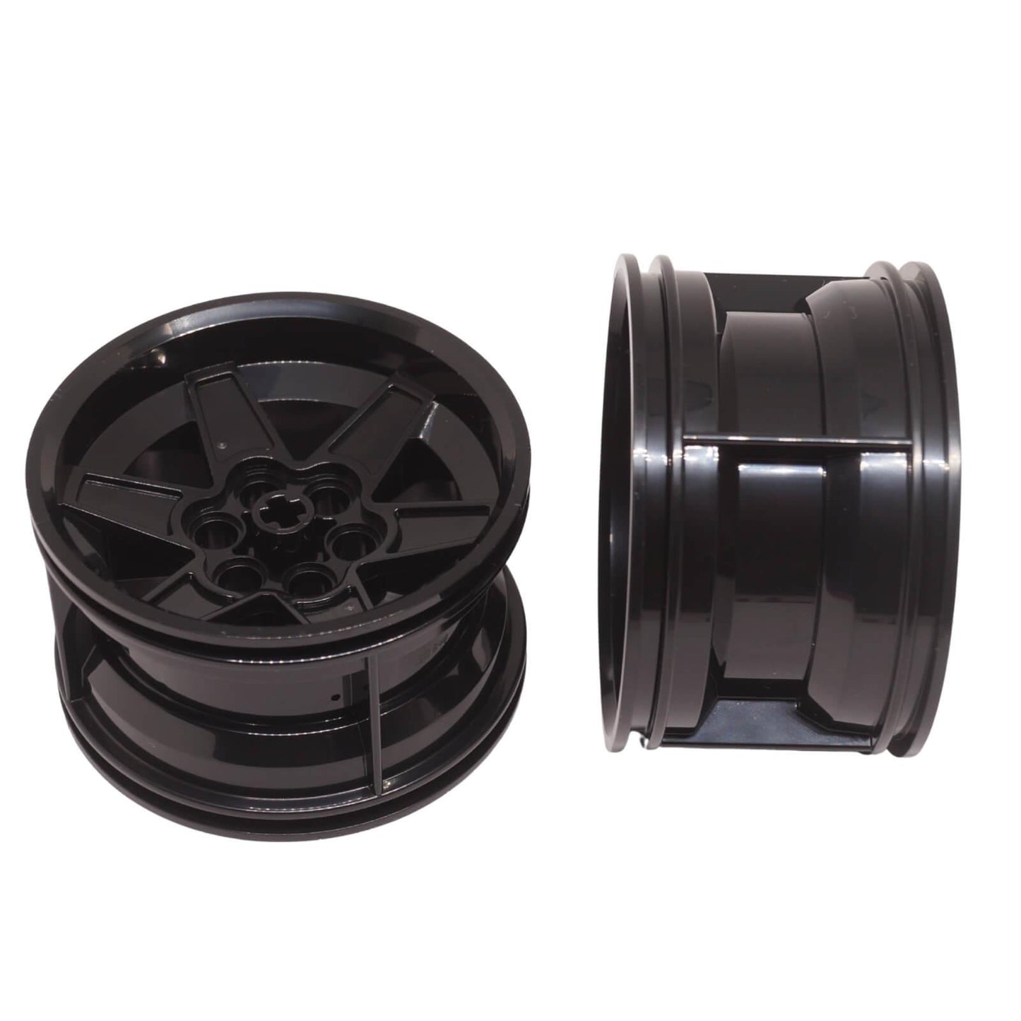 LEGO Technic 56mm x 34mm racing wheel with 6 pin holes for large-scale vehicle builds (Part 15038) in black
