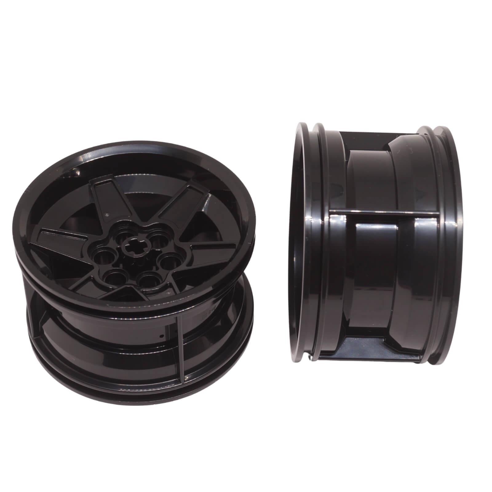 LEGO Technic 56mm x 34mm racing wheel with 6 pin holes for large-scale vehicle builds (Part 15038) in black
