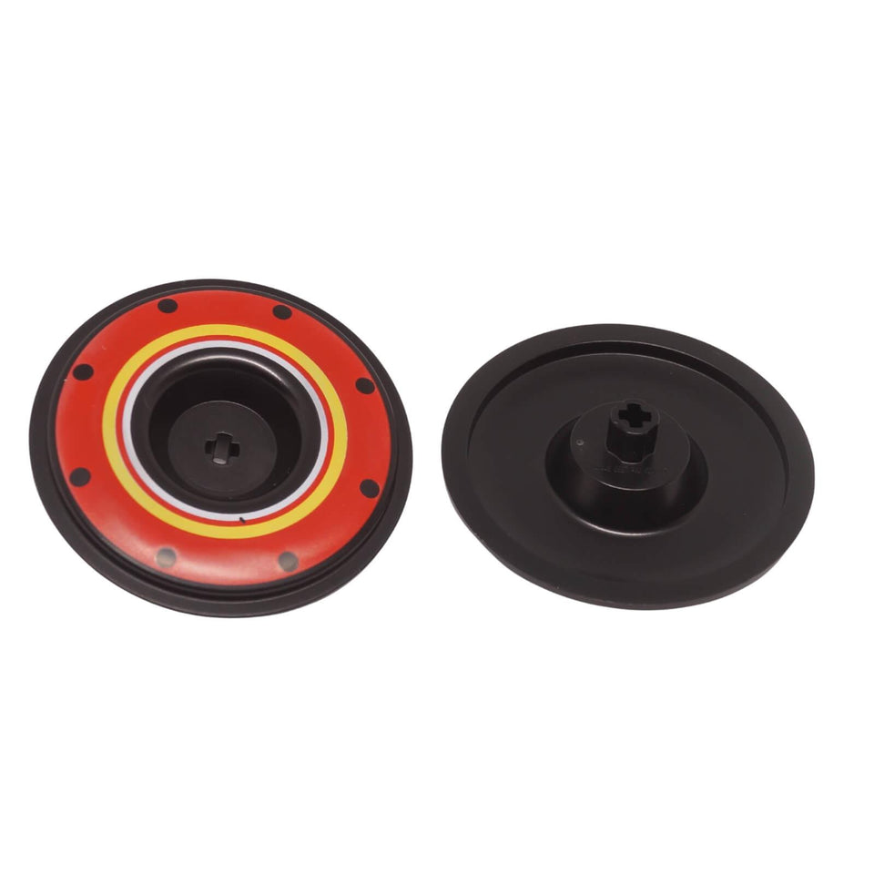 LEGO Technic 56mm recessed wheel cover with red background, yellow and white rings, and black dots (Part 4472pb01).