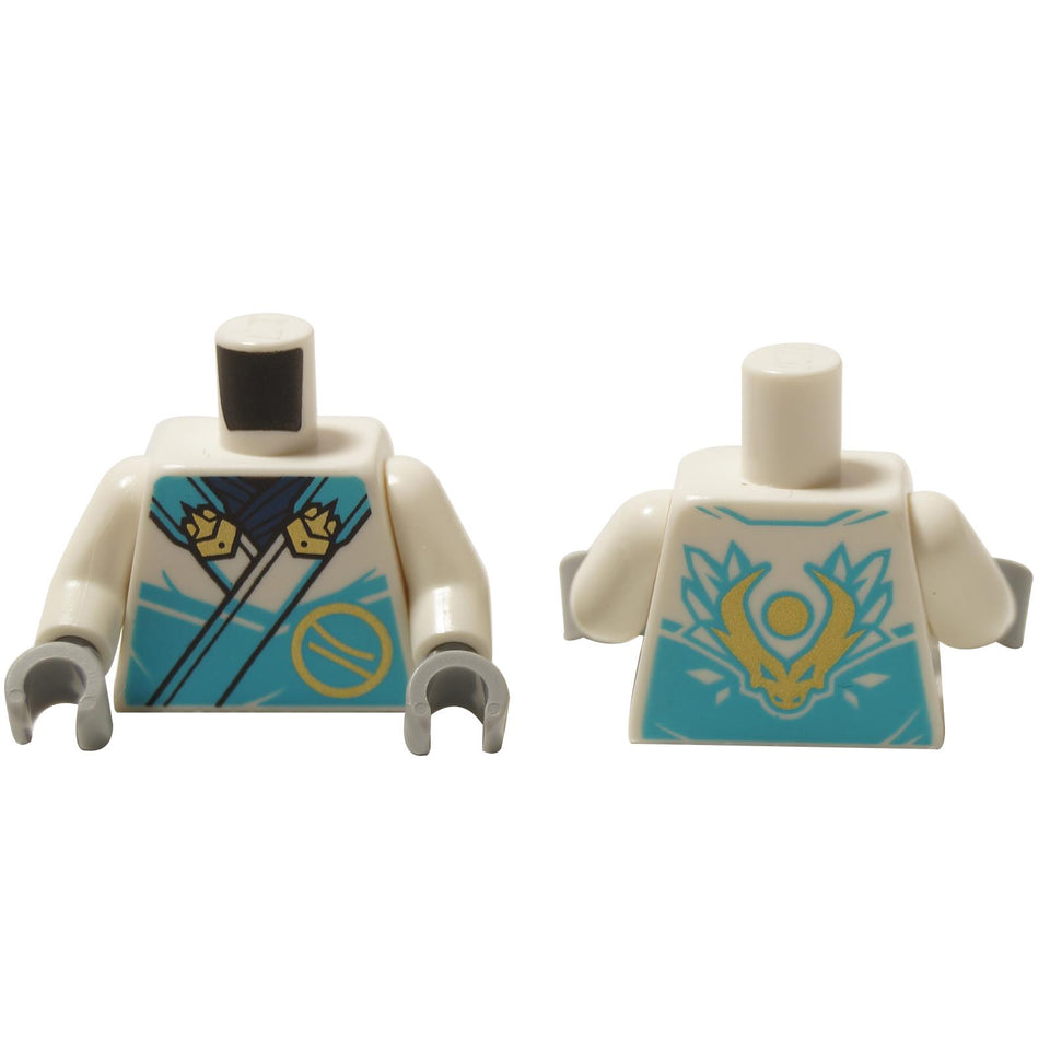 White minifigure torso with blue ninja robe print, diagonal straps and gold dragon crest on back
