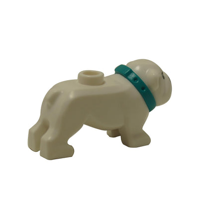 White bulldog figure with teal collar and gold tooth detail, standing side view.

