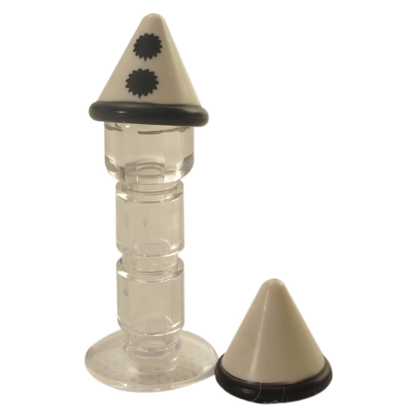 White LEGO® minifigure cone hat 12894pb01 with black band and pom-pom print