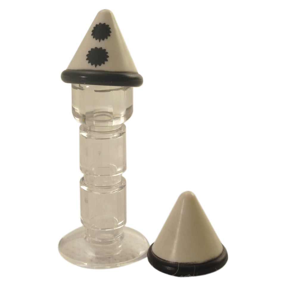 White LEGO® minifigure cone hat 12894pb01 with black band and pom-pom print
