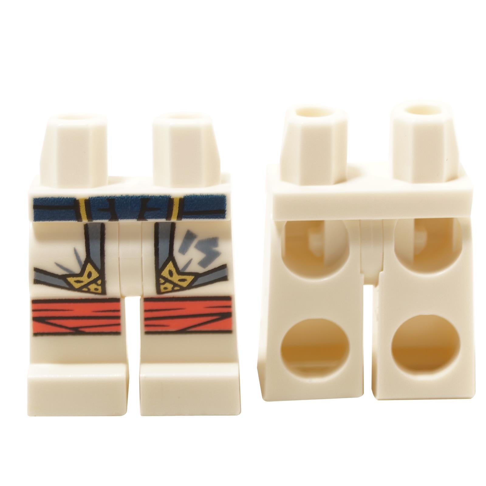 LEGO minifigure parts featuring white hips and legs with a dark blue belt and sand blue hems with gold highlights. There is a Ninjago logogram letter 'S' on the belt.