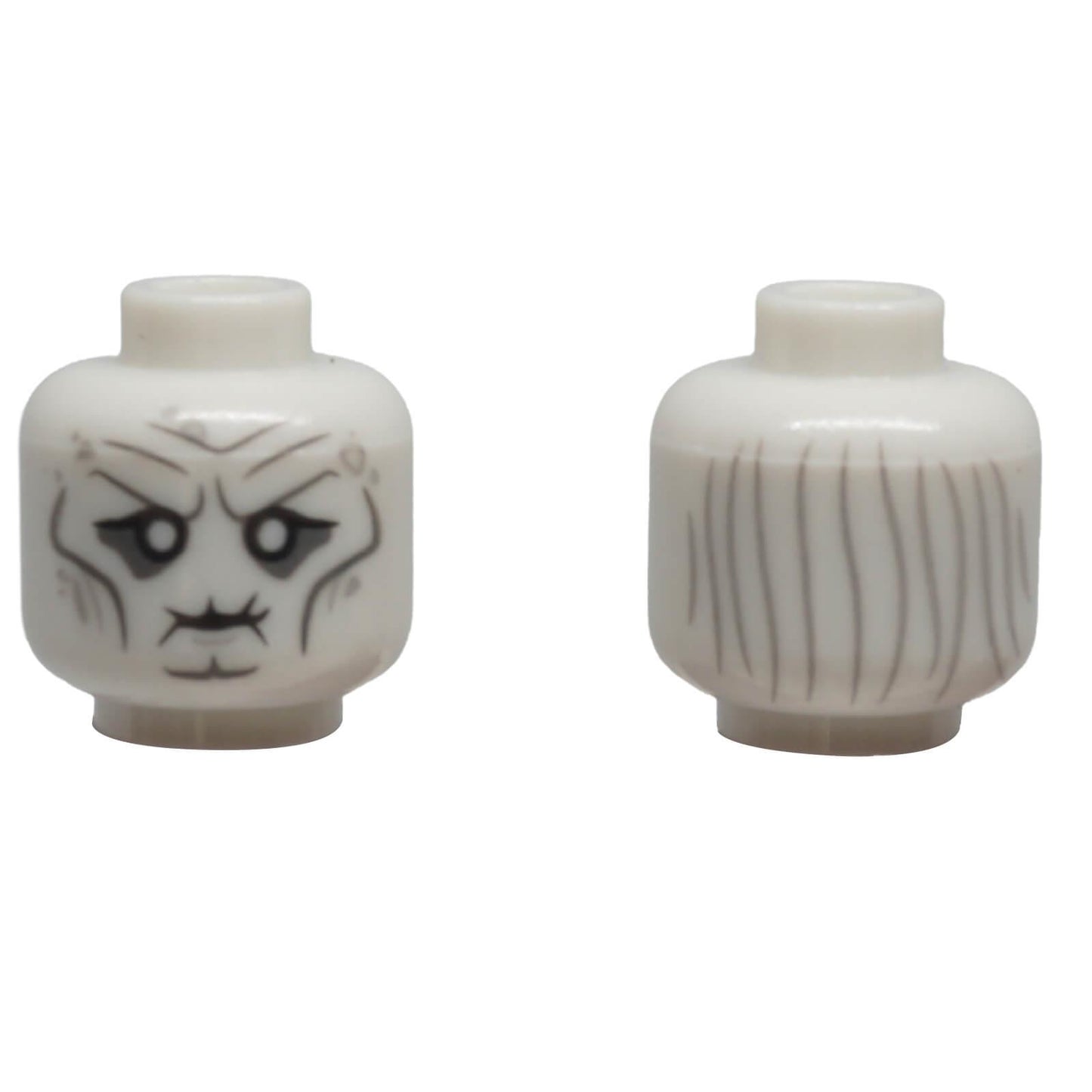 LEGO® white minifigure head 3626pb1202 with white eyes, wrinkled face, puckered mouth and printed grey hair.