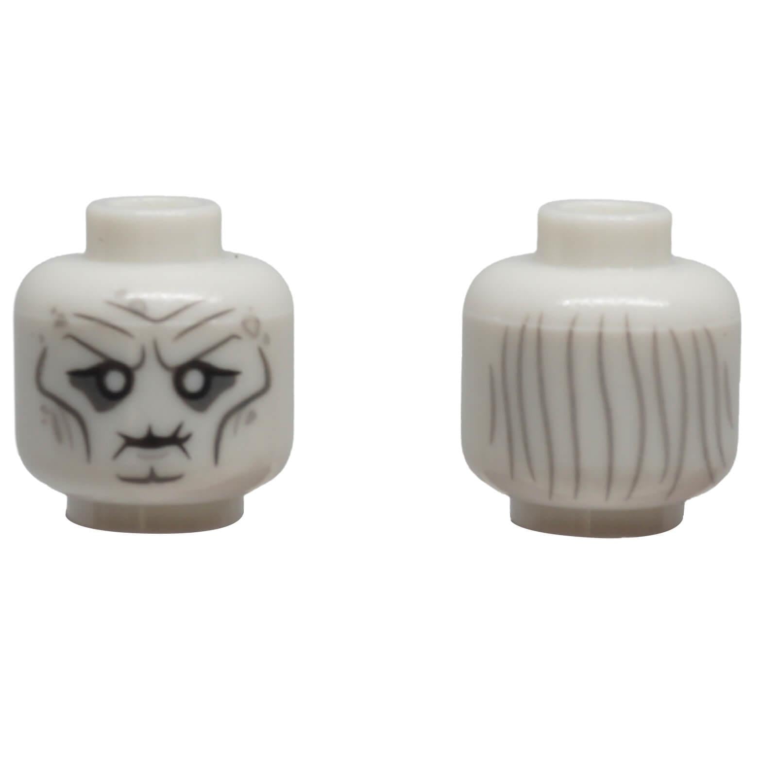 LEGO® white minifigure head 3626pb1202 with white eyes, wrinkled face, puckered mouth and printed grey hair.