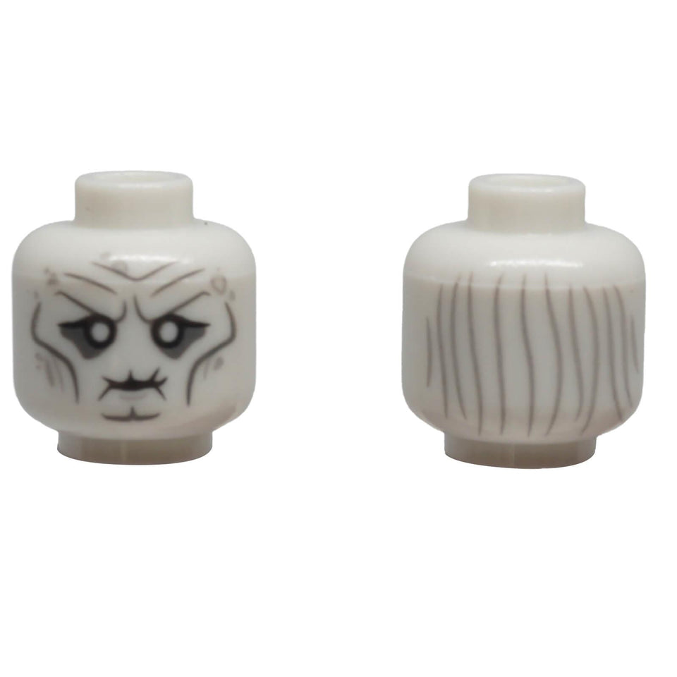 LEGO® white minifigure head 3626pb1202 with white eyes, wrinkled face, puckered mouth and printed grey hair.