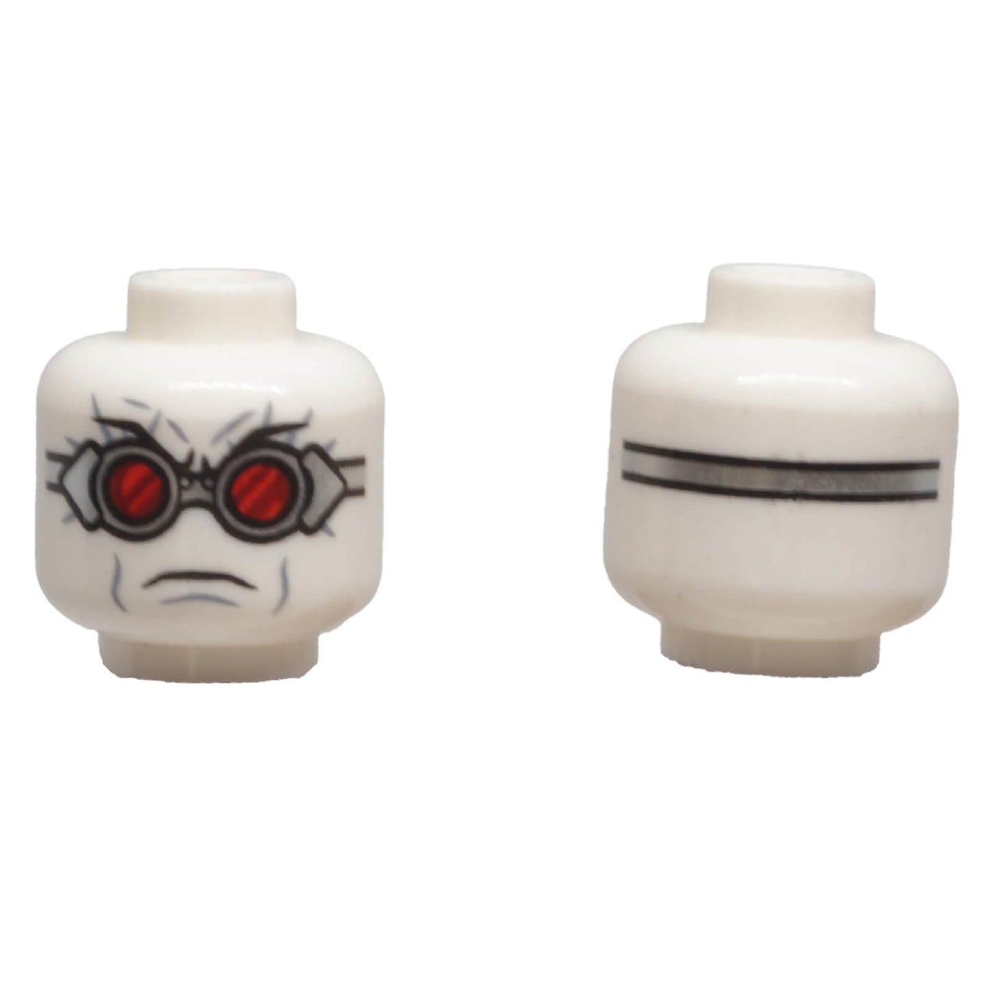 LEGO® white minifigure head 3626pb2420 with silver goggles, red lenses and a frowning expression.