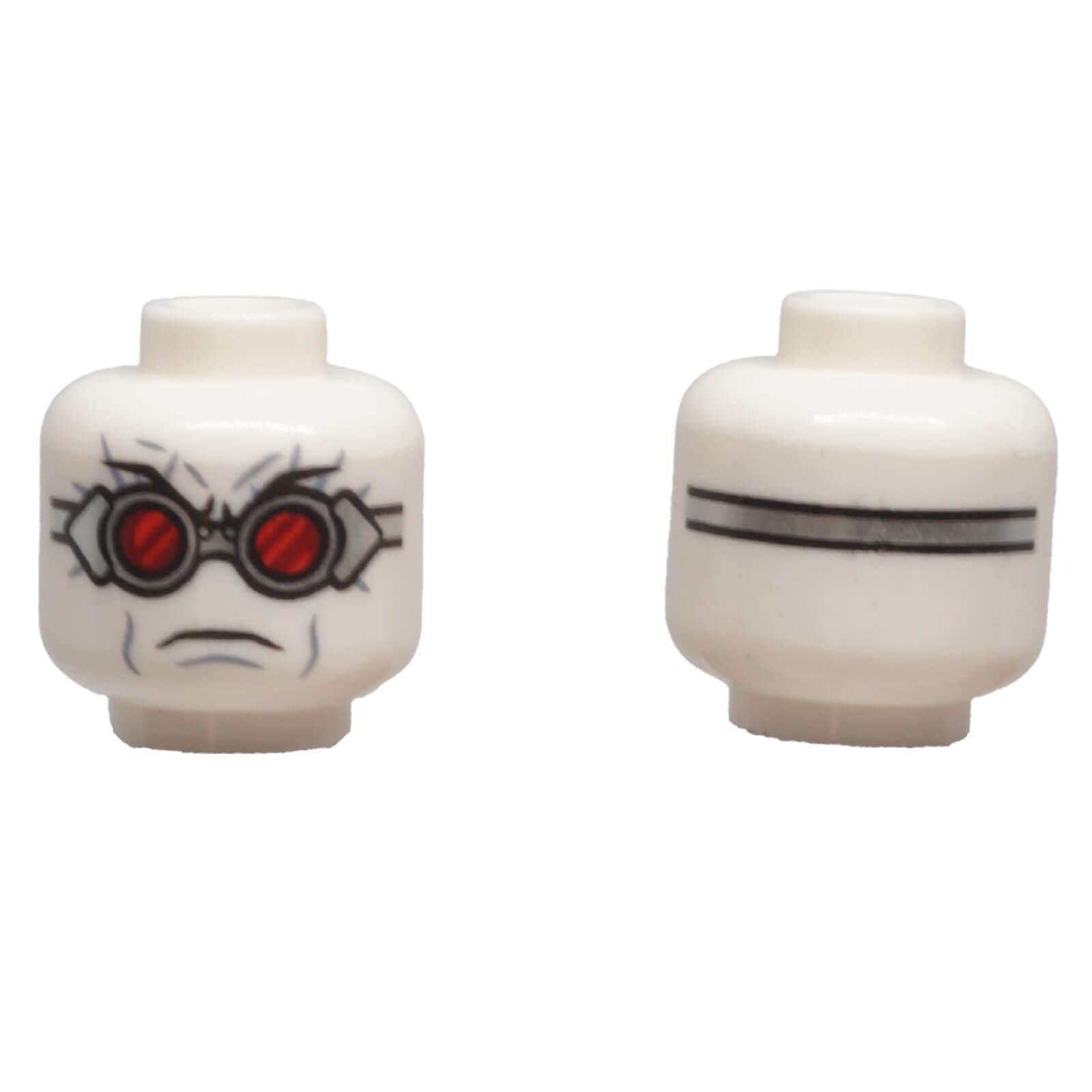 LEGO® white minifigure head 3626pb2420 with silver goggles, red lenses and a frowning expression.