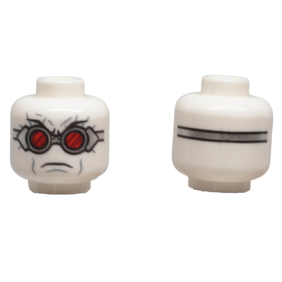 LEGO® white minifigure head 3626pb2420 with silver goggles, red lenses and a frowning expression.
