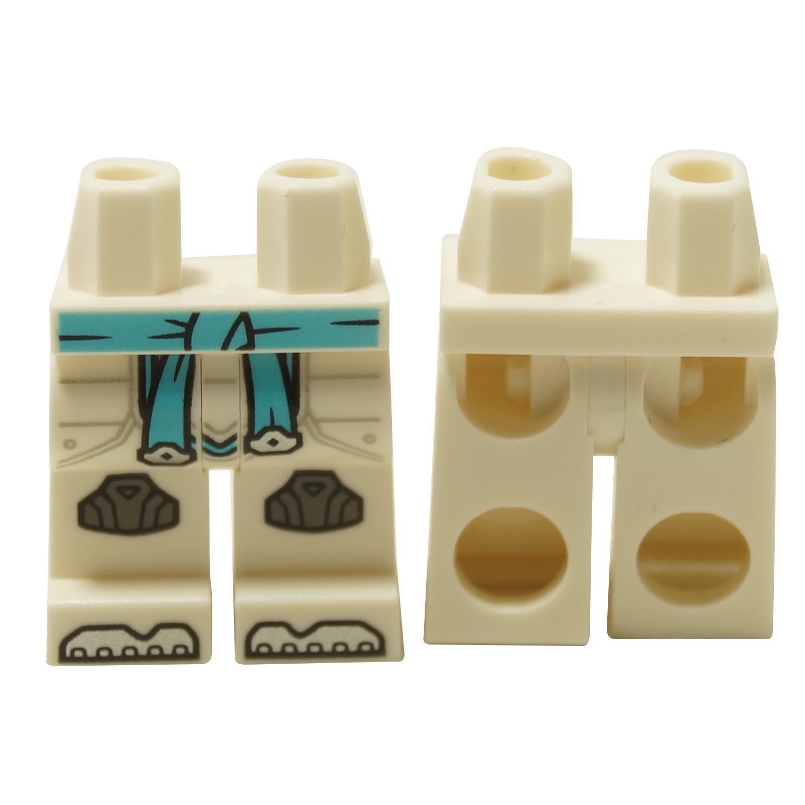 White minifigure hips and legs with medium azure sash, pearl dark gray knee pads and silver toe details, front and back view
