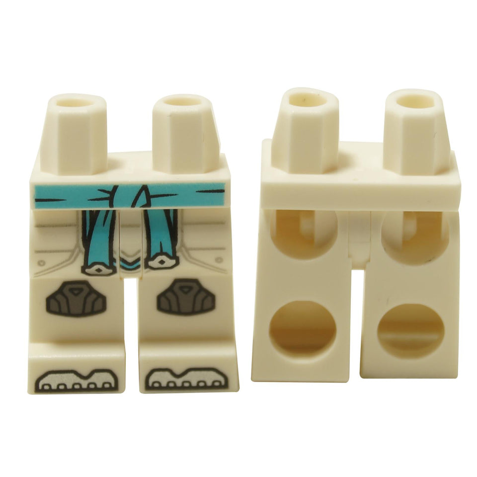 White minifigure hips and legs with medium azure sash, pearl dark gray knee pads and silver toe details, front and back view
