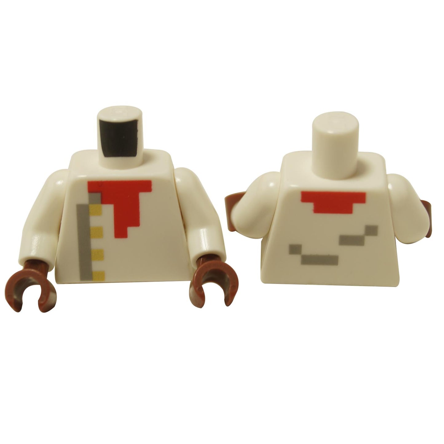 White minifigure torso with pixelated chef jacket print, gold buttons and red neck detail, front and back view
