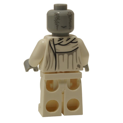 Back view of minifigure with white wrap-style torso print and light bluish gray head with red eyes.
