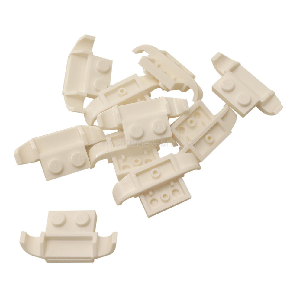 White LEGO® modified plate 1 x 2 part 50949 shown top and underside with two studs and integrated Racers car grille