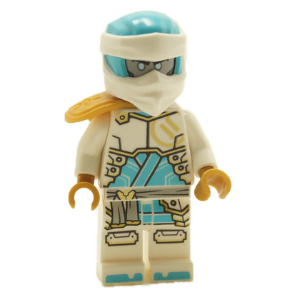 White ninja minifigure with teal visor, head wrap and detailed teal armor print outfit
