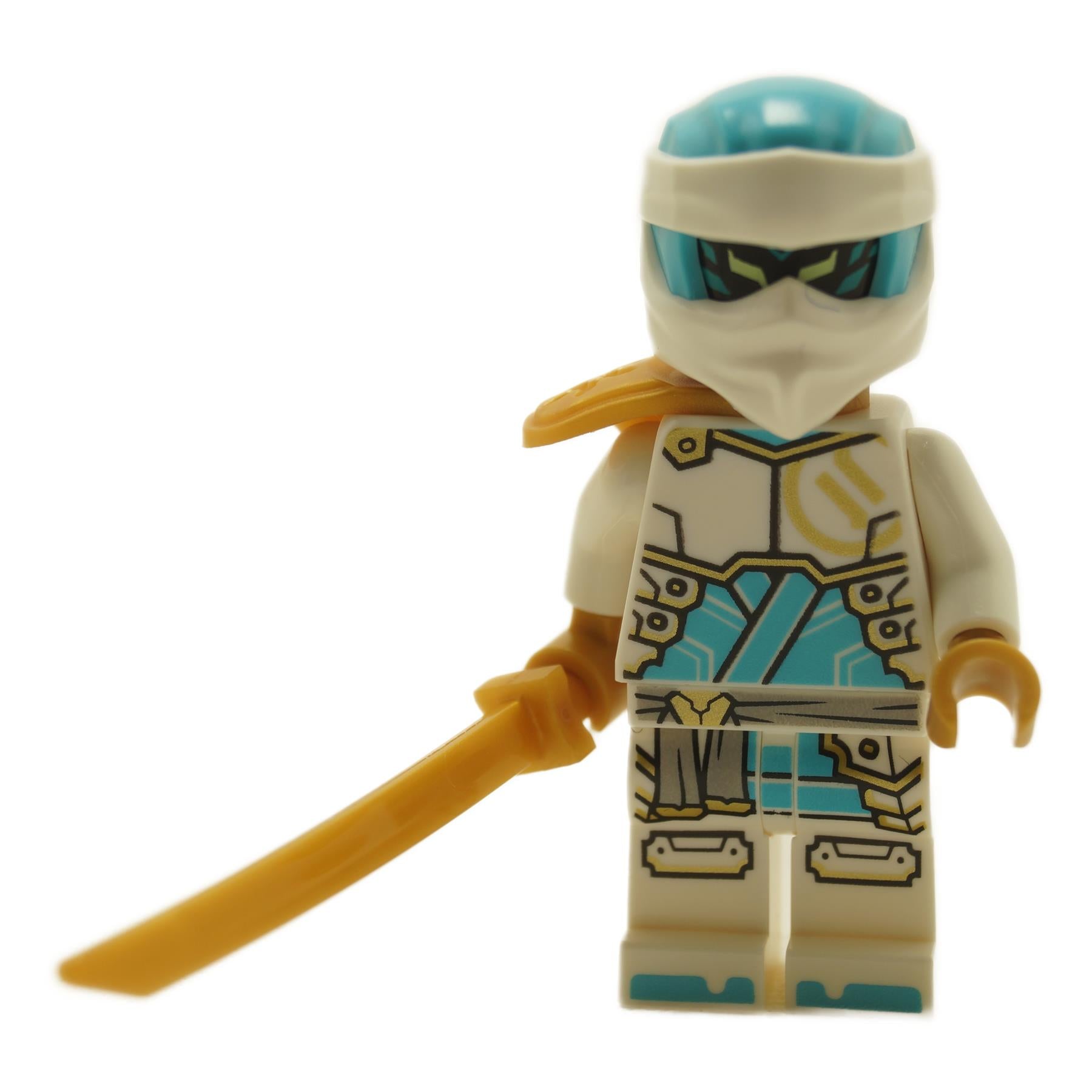 White ninja minifigure with blue visor, head wrap and golden sword with teal armor print
