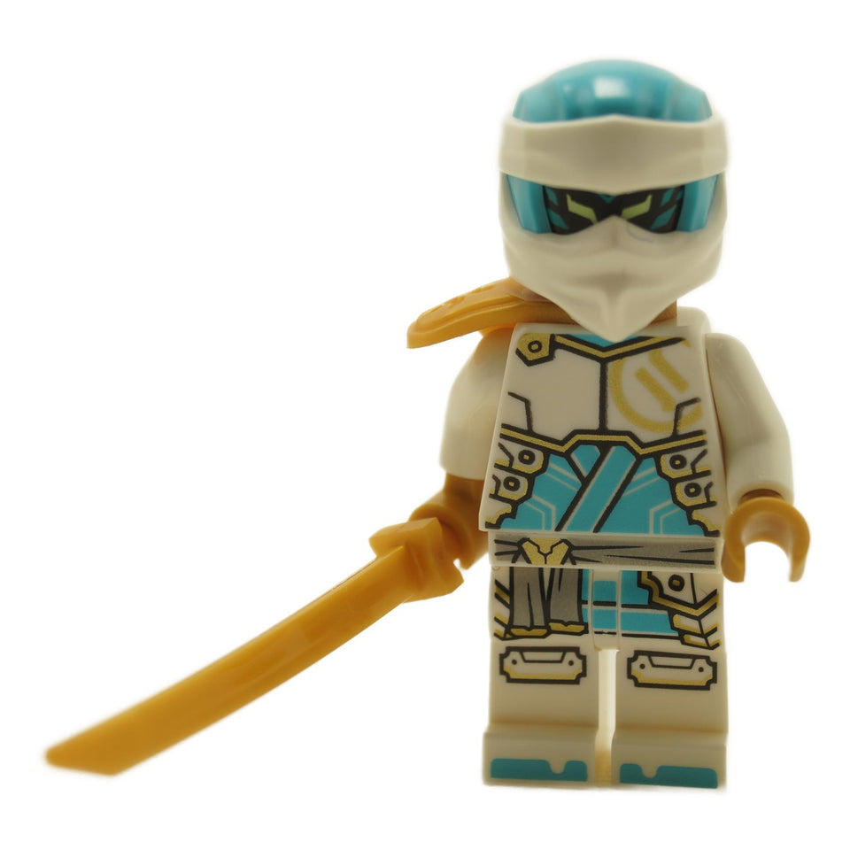 White ninja minifigure with blue visor, head wrap and golden sword with teal armor print
