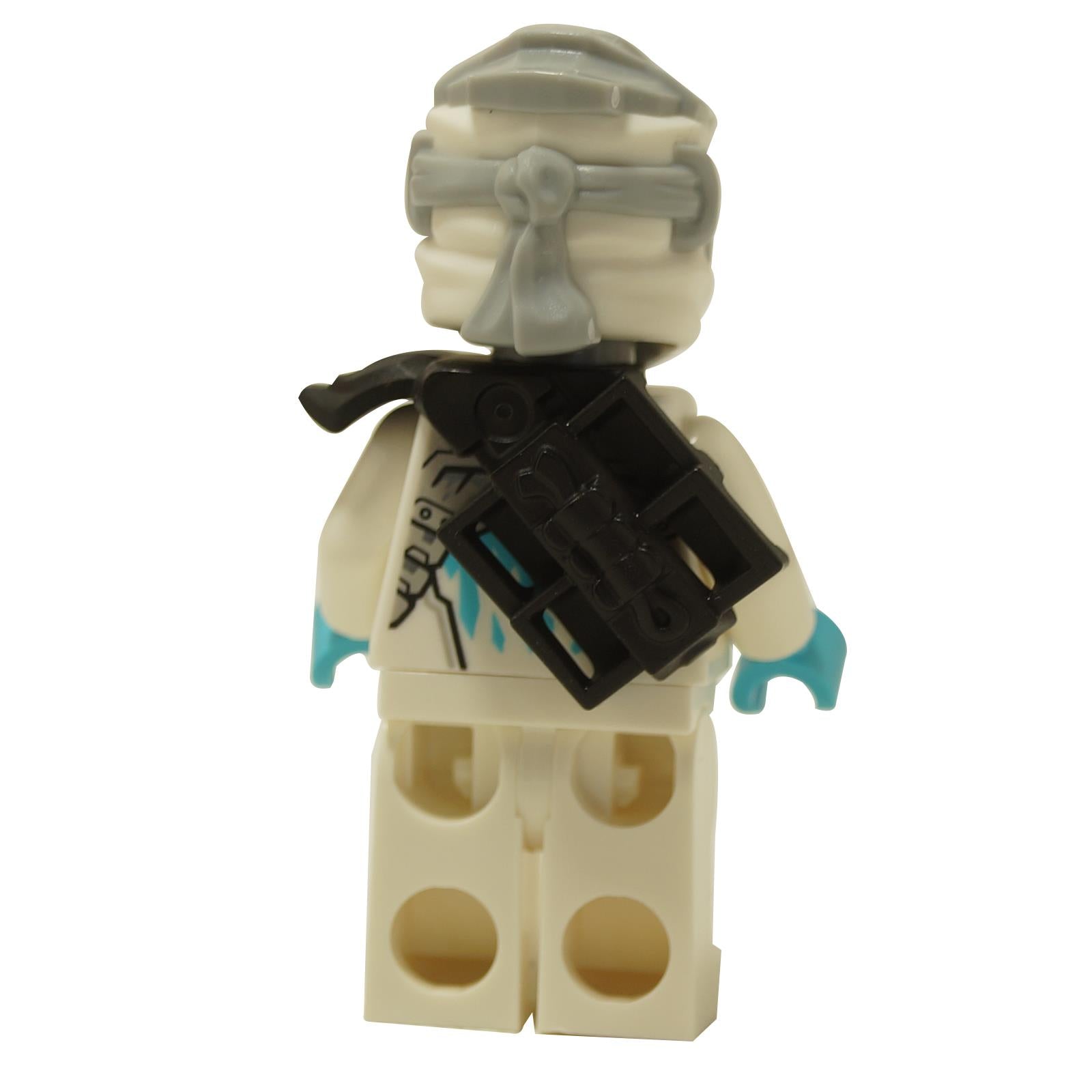 White ninja minifigure back view with head wrap knot, black sword scabbard and light blue hands
