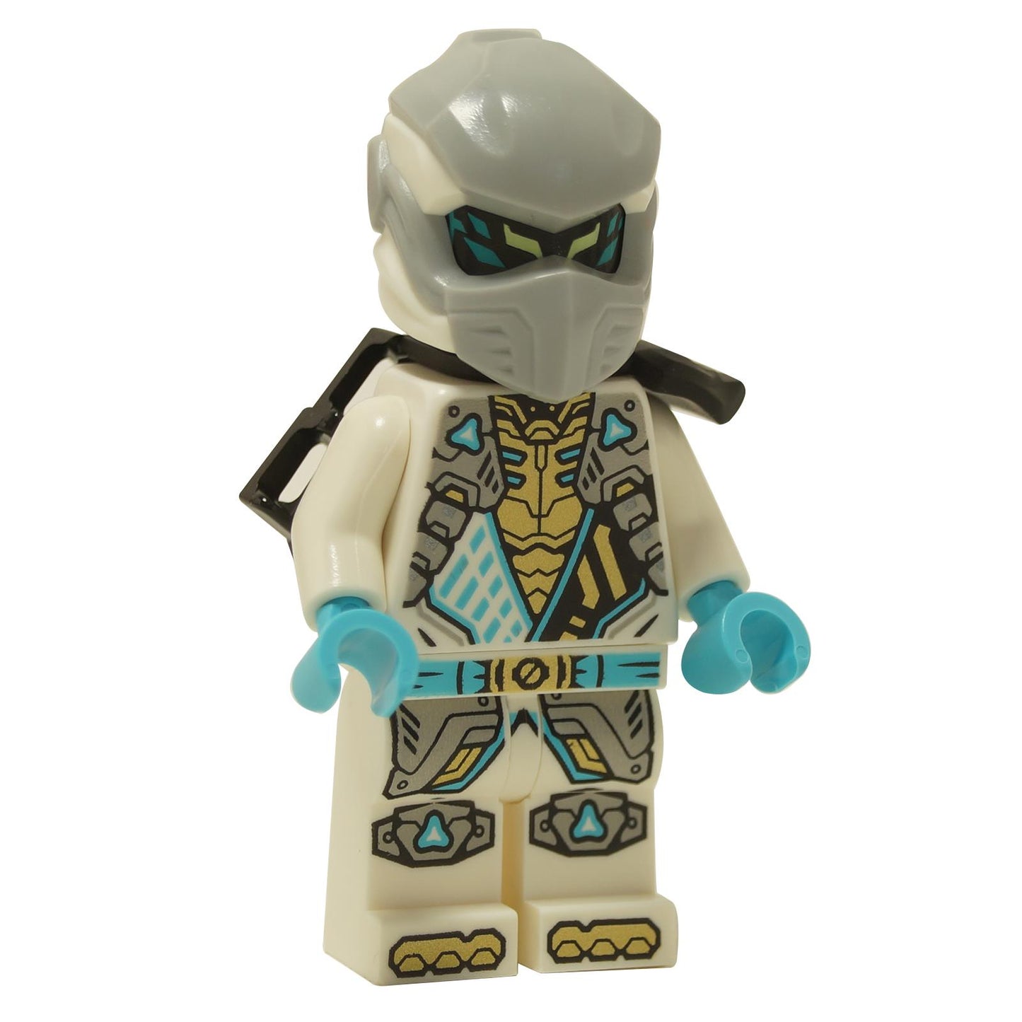 White ninja minifigure with head wrap, shoulder armor, detailed tunic print and black sword scabbard
