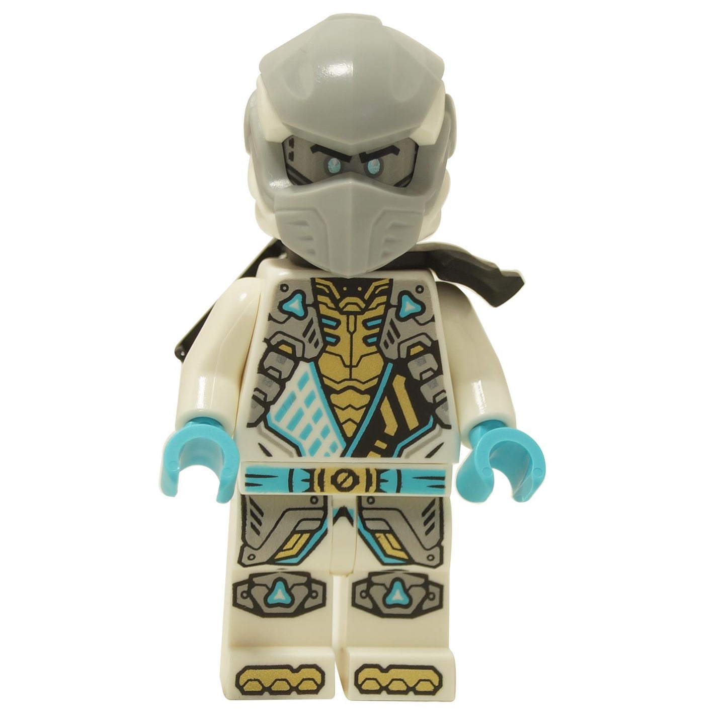 White ninja minifigure with head wrap, shoulder armor, detailed gold and blue tunic print and light blue hands
