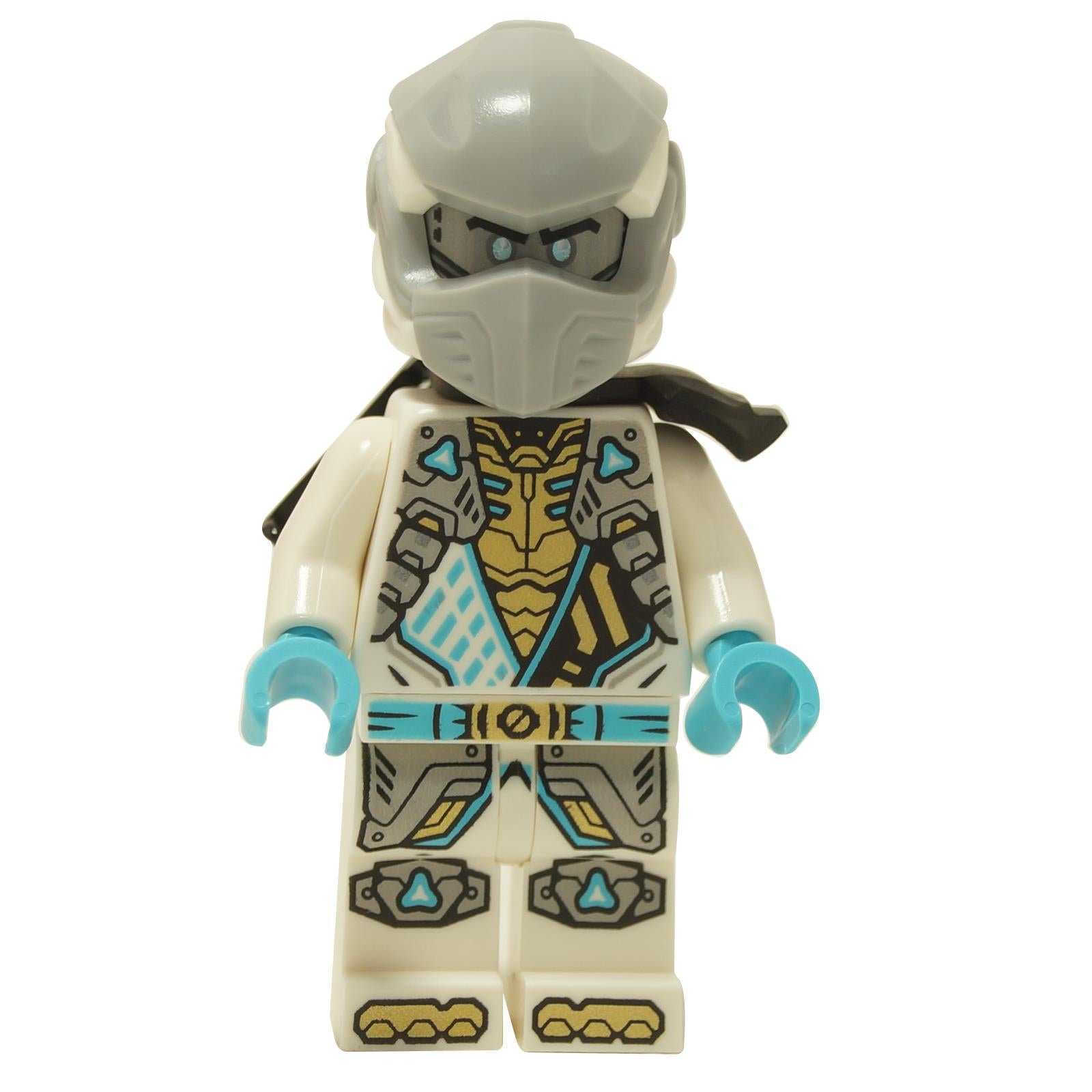 White ninja minifigure with head wrap, shoulder armor, detailed gold and blue tunic print and light blue hands

