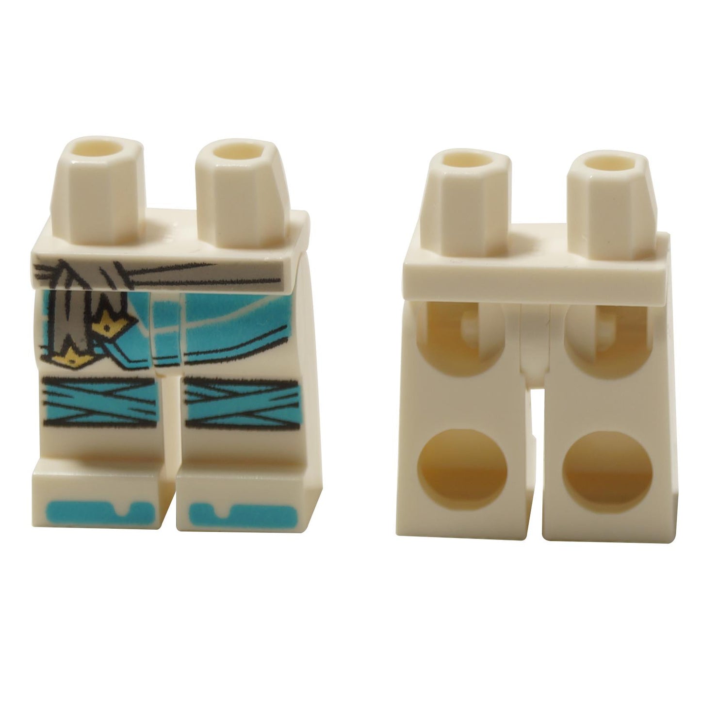 White minifigure legs with medium azure robe ends, light gray sash, knee wraps and printed toes
