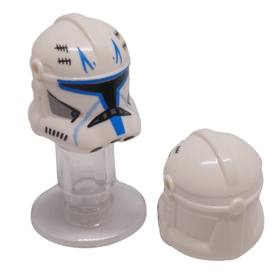White LEGO® Phase 2 Clone Trooper helmet 2019pb09 with blue markings, black visor, tally marks and side accessory holes shown front and rear