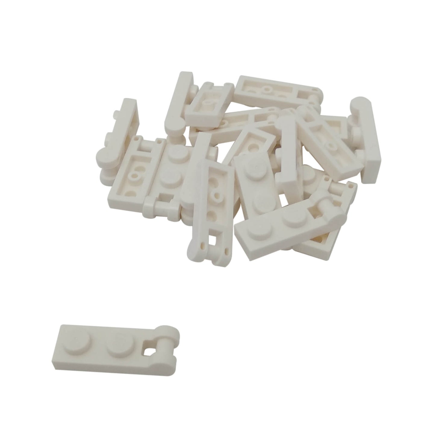 White Plate Modified 1 x 2 with Handle on End and Closed Ends, part 60478, featuring a flat 1x2 plate base with an integrated end handle and smooth closed tips