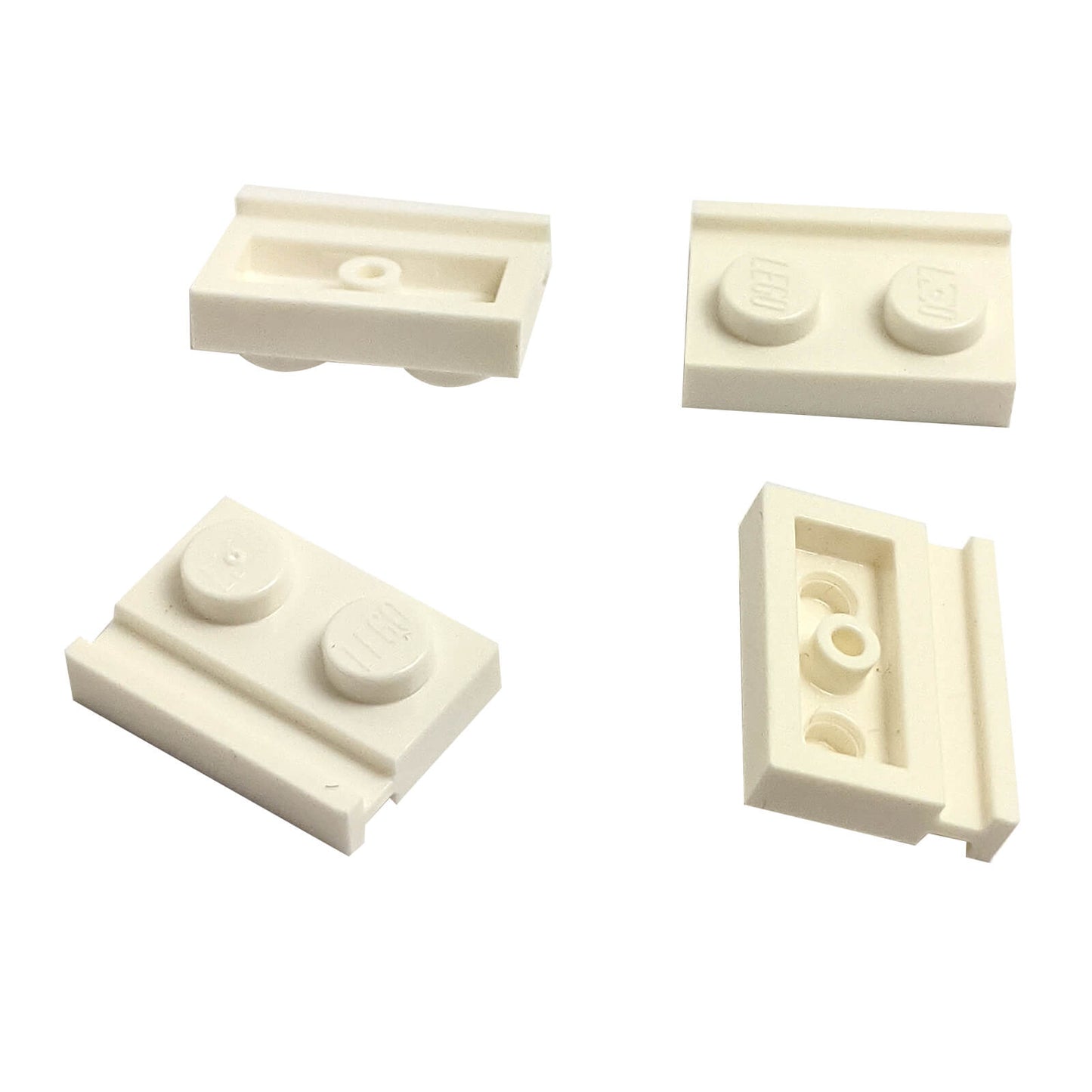 White modified Plate 1 x 2 with door rail for sliding doors, track guides, and compact wall builds
