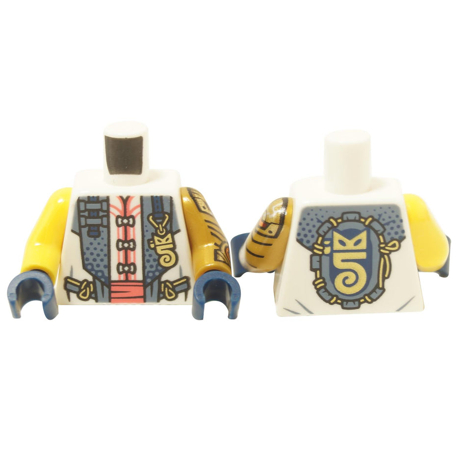 White minifigure robe torso with sand blue hems, gold highlights and coral sash print

