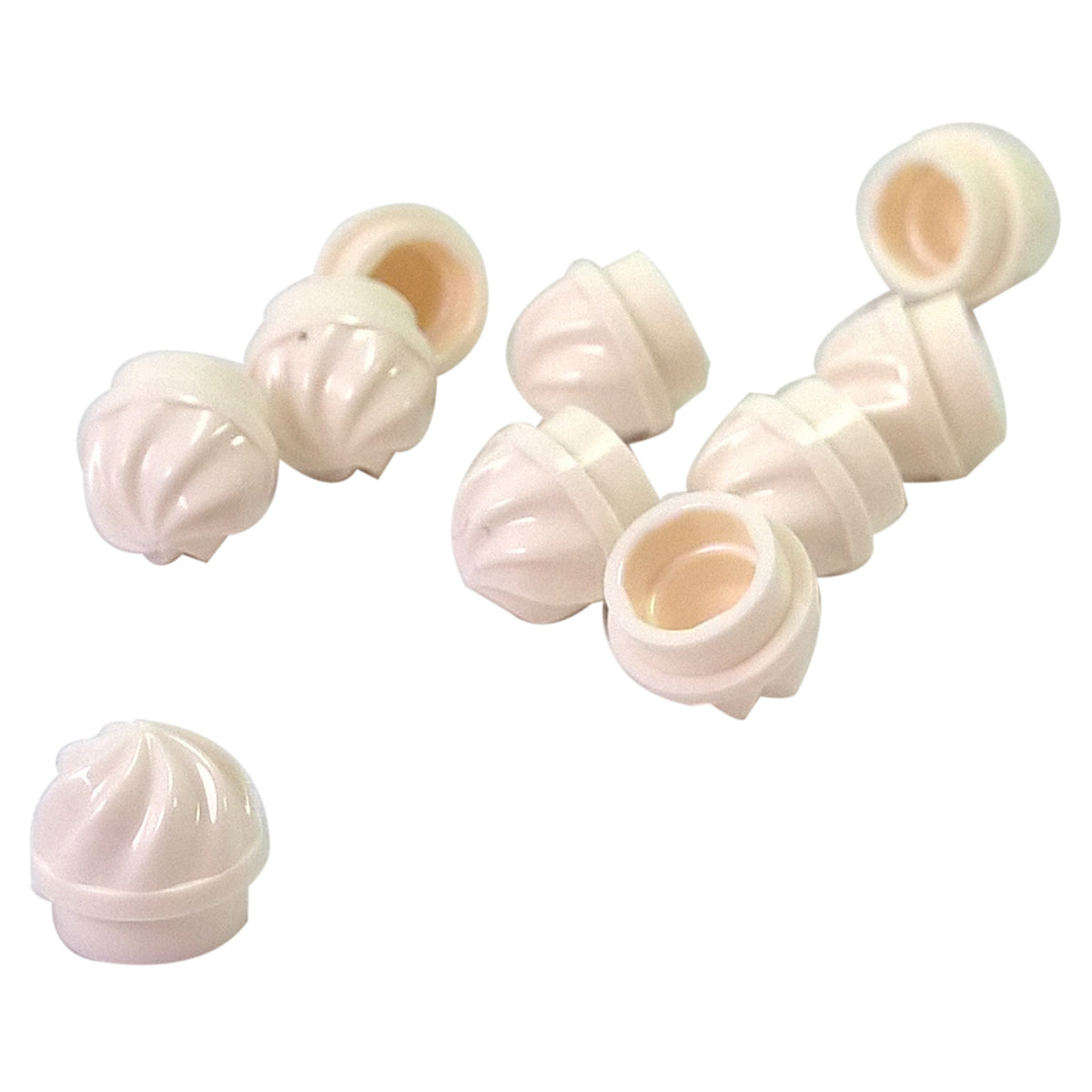 White LEGO® round 1 x 1 plate 15470 shown from several angles with raised spiral grooves and hollow underside connection