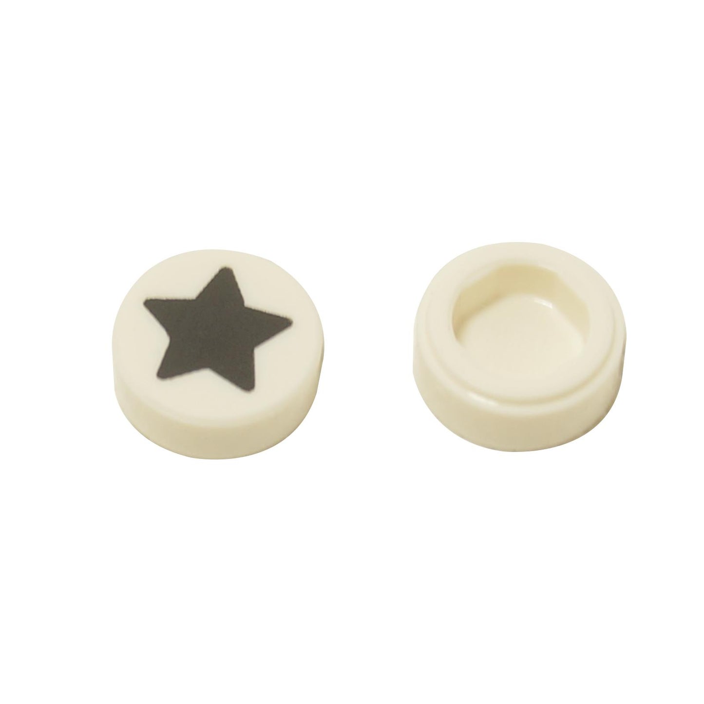 Blanco baldosa redonda 1x1 con estampado de estrella negra, mostrada por delante y por detrás.
