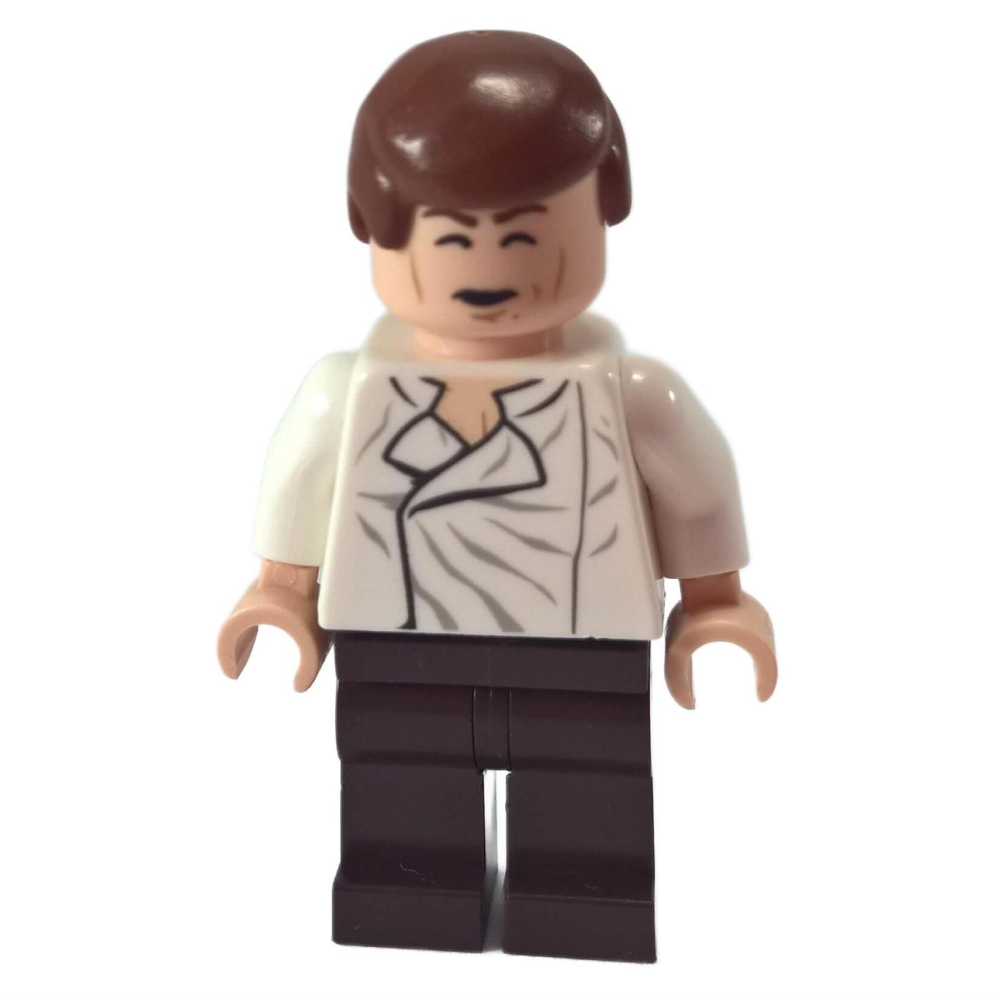 Minifigura con camisa blanca, piernas marrón oscuro y cara sonriente con cabello marrón liso
