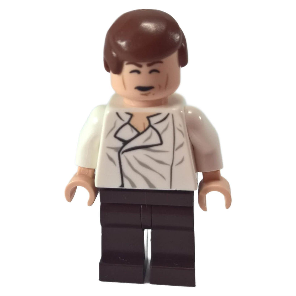 Minifigure with white shirt, dark brown legs and smooth brown hair smiling face
