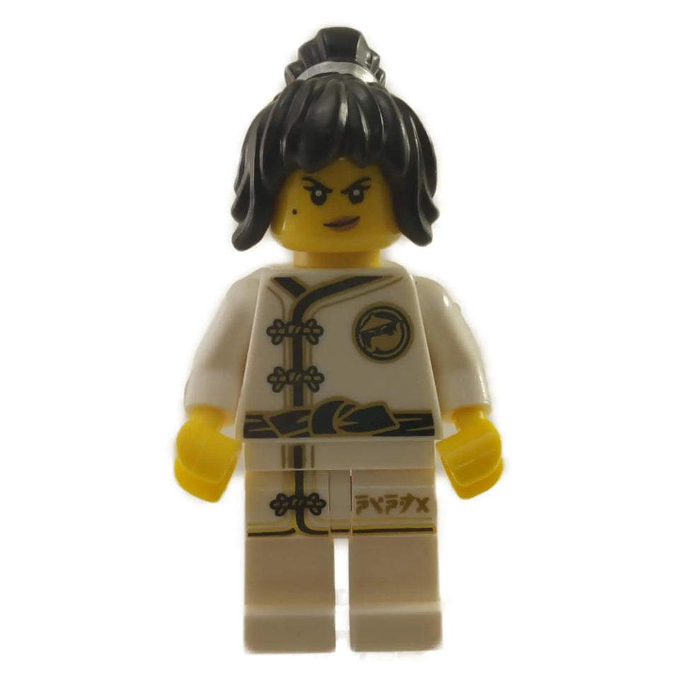 Minifigure in white martial arts gi with black hair bun and printed training outfit

