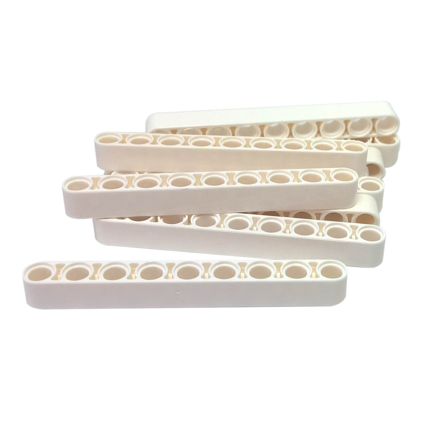 White Technic liftarm 1 x 9 thick beam with evenly spaced pin holes, structural connector piece for builds
