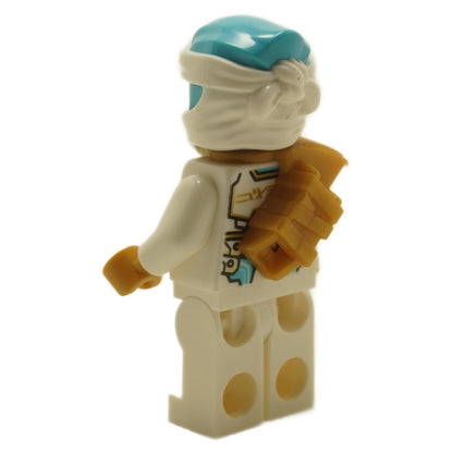 Back view of white Zane minifigure with teal head wrap and golden shoulder armor

