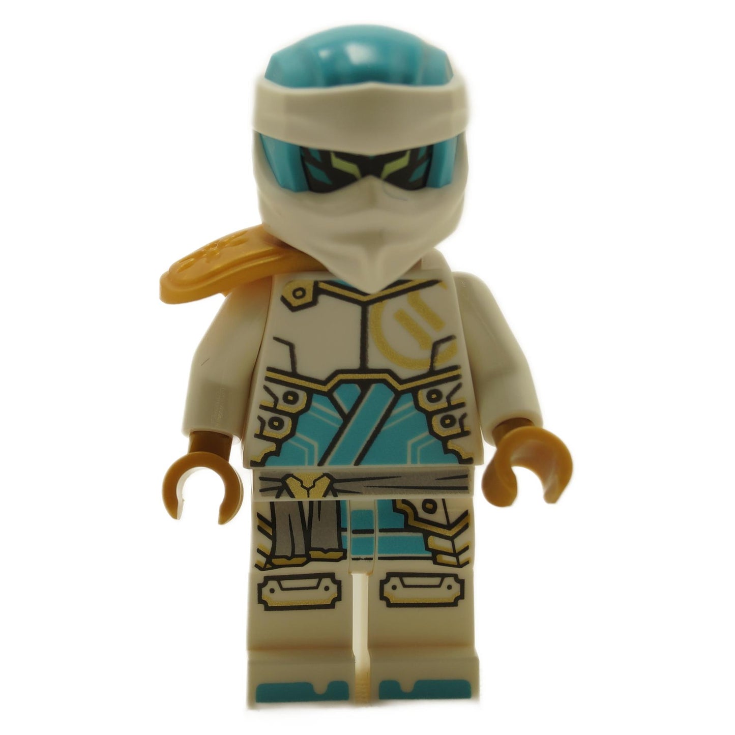 Front view of white Zane minifigure with teal visor, head wrap and golden shoulder armor
