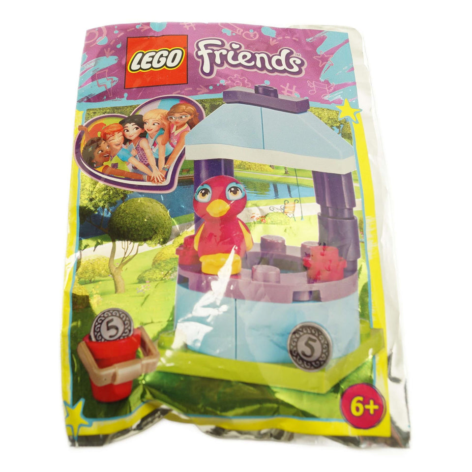 A LEGO Friends polybag set featuring a wishing well with a star-shaped top and a mini-doll figure of Andrea, accompanied by a small bird. The set is colored predominantly in pink and blue shades, and is packaged in a transparent bag with pink and yellow ribbons.