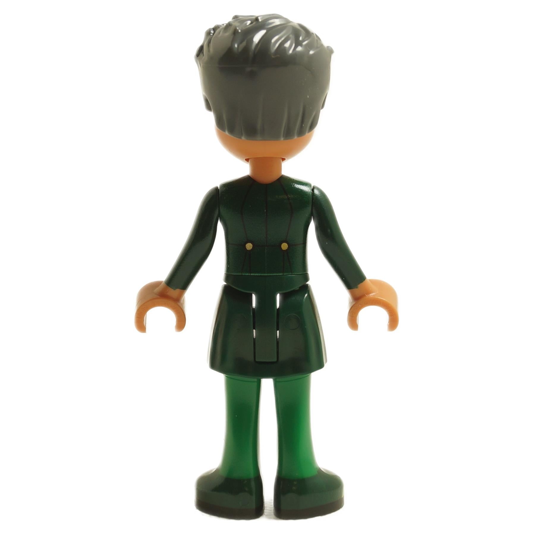 Back view of LEGO® The Wizard mini-doll wck007 wearing a dark green outfit with short dark hair
