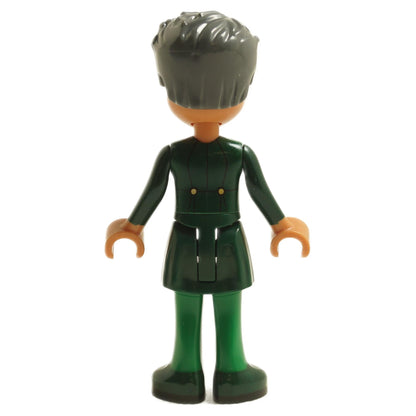Back view of LEGO® The Wizard mini-doll wck007 wearing a dark green outfit with short dark hair
