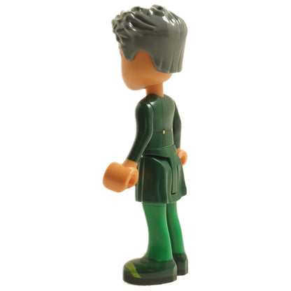 Side view of LEGO® The Wizard mini-doll wck007 wearing a dark green outfit with short dark hair
